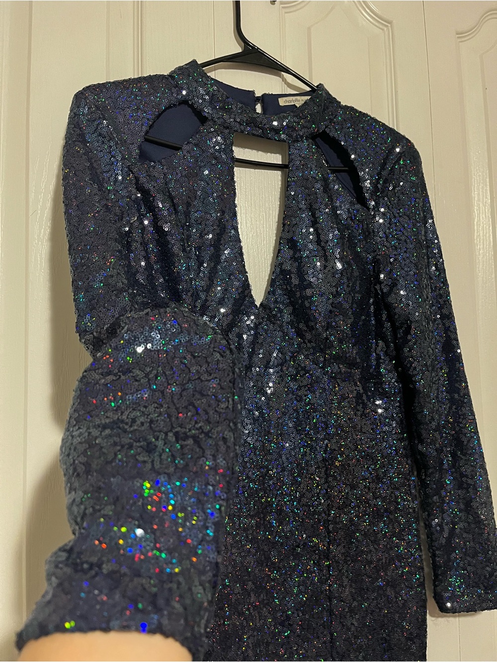 Charlotte Russe Navy Sequin Long Sleeve Cutout Dress